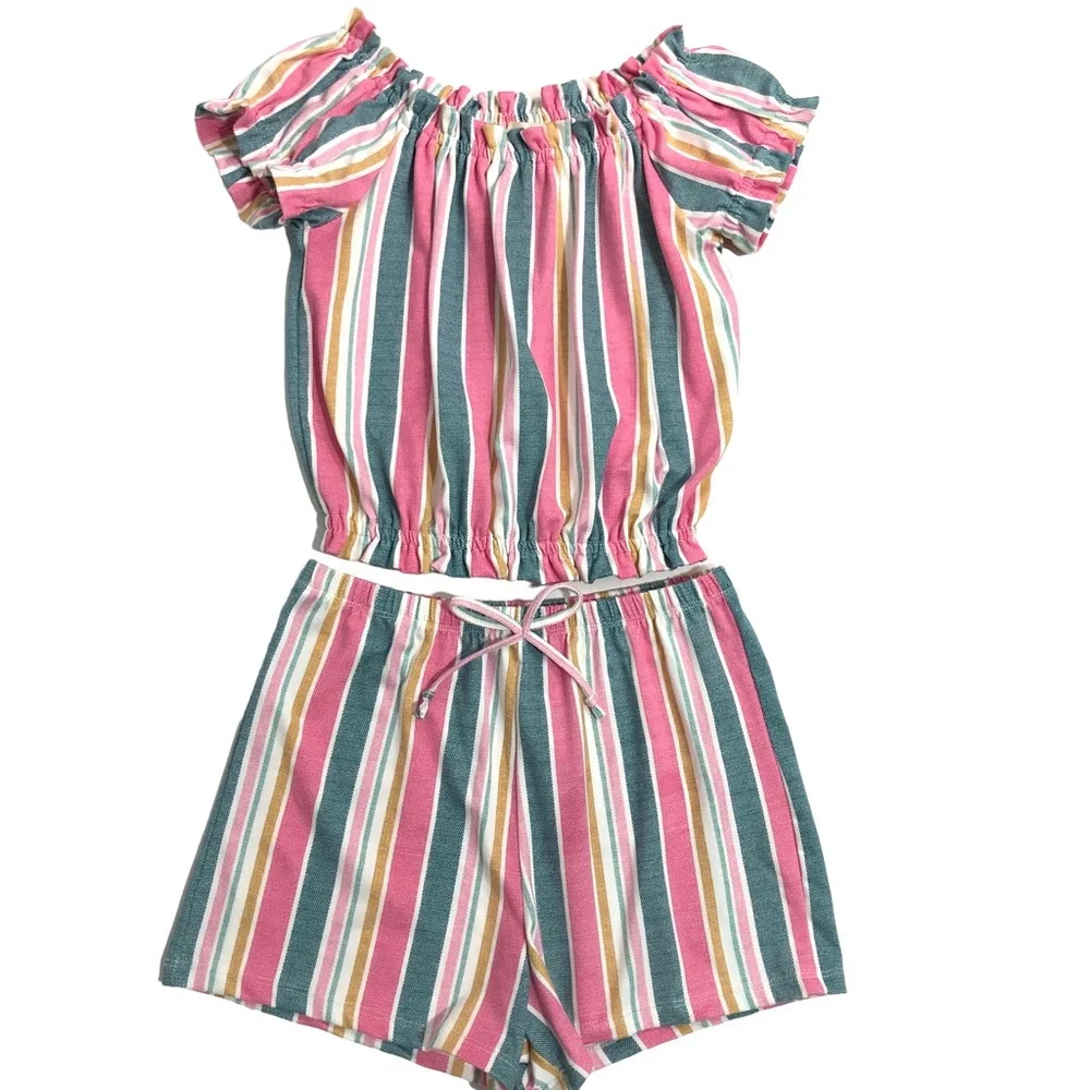 SHOSHO Top Shorts Set Size 10 Pink Stripes Comfortable Elastic Waist